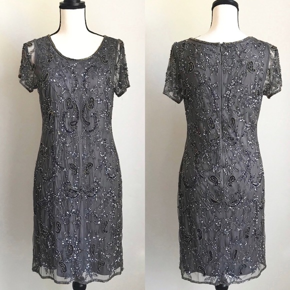 Pisarro Nights Dresses & Skirts - Pisarro Nights Beaded Formal Shift Dress Gray 10